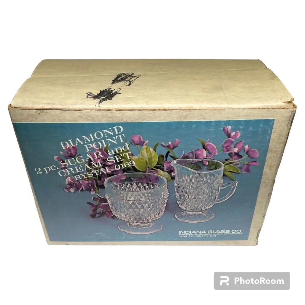 Indiana Glass Crystal 0169 Diamond Point 2 pc Sugar And Cream Set in Box vintage